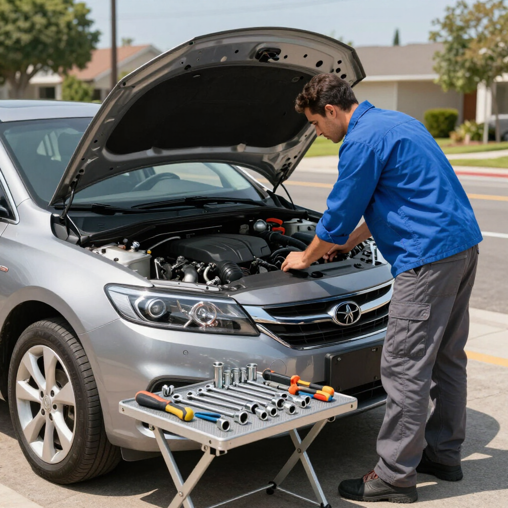 Routine mobile maintenance with tools arranged beside an open hood.