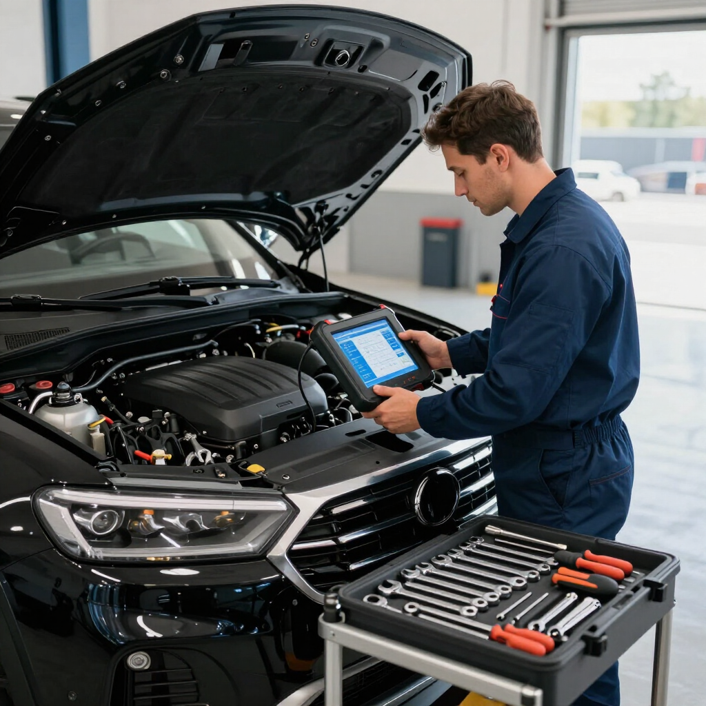 Technician diagnosing an SUV engine bay with a scan tool and organized equipment.