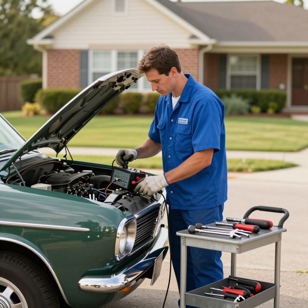 Mobile mechanic performing electrical diagnostics on a vintage car at a customer's home.