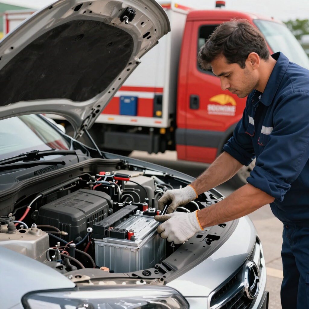 Mobile mechanic replacing a car battery beside a repair truck.