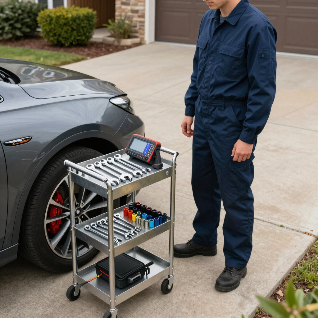 Organized mobile mechanic tool cart with diagnostic equipment beside a car on a driveway.