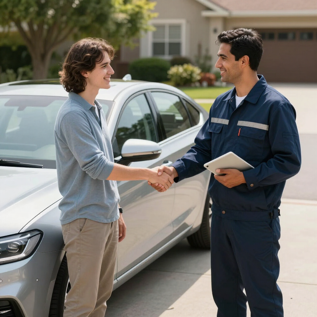 Happy customer shaking hands with a mobile auto repair technician beside a well-maintained vehicle.