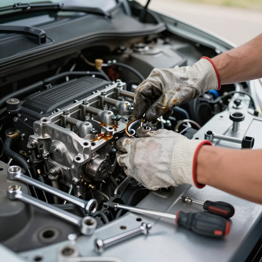 Mechanic's hands repairing a car engine in a mobile service setup.