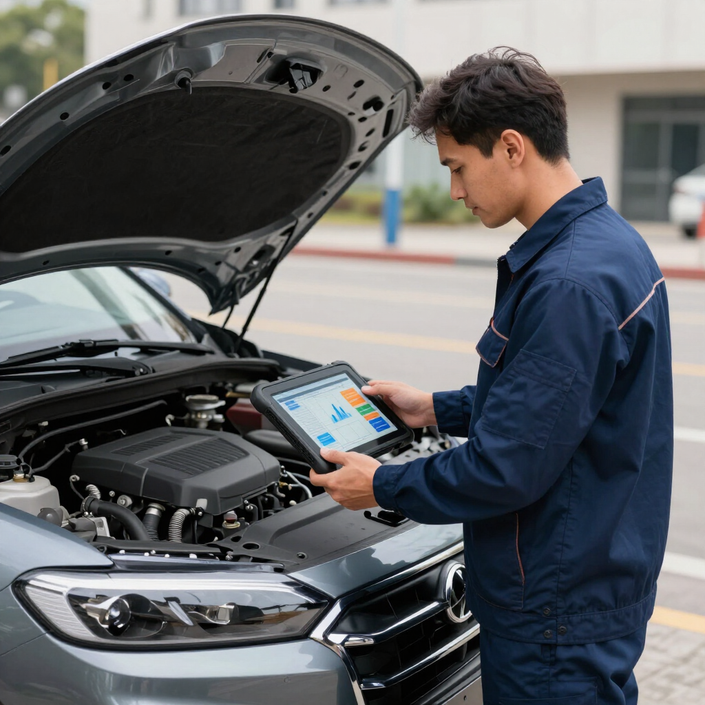 Technician using a digital diagnostic tablet beside a vehicle with the hood open.