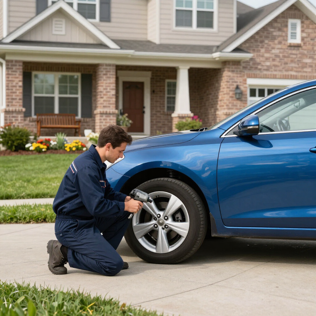 Mobile mechanic inspecting suspension components on a family sedan outside a suburban house.