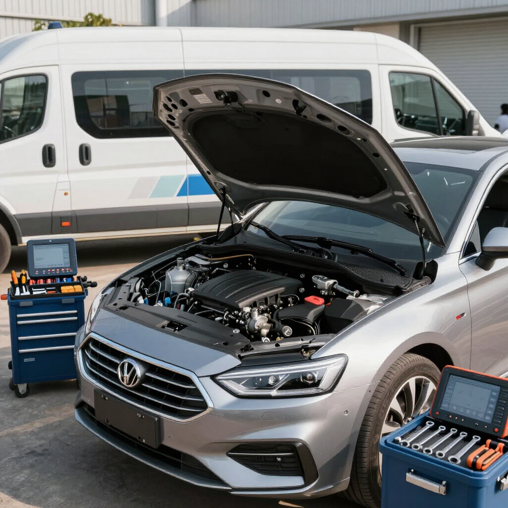 Engine diagnostics and repair on a sedan with the hood open and a mobile mechanic van visible.