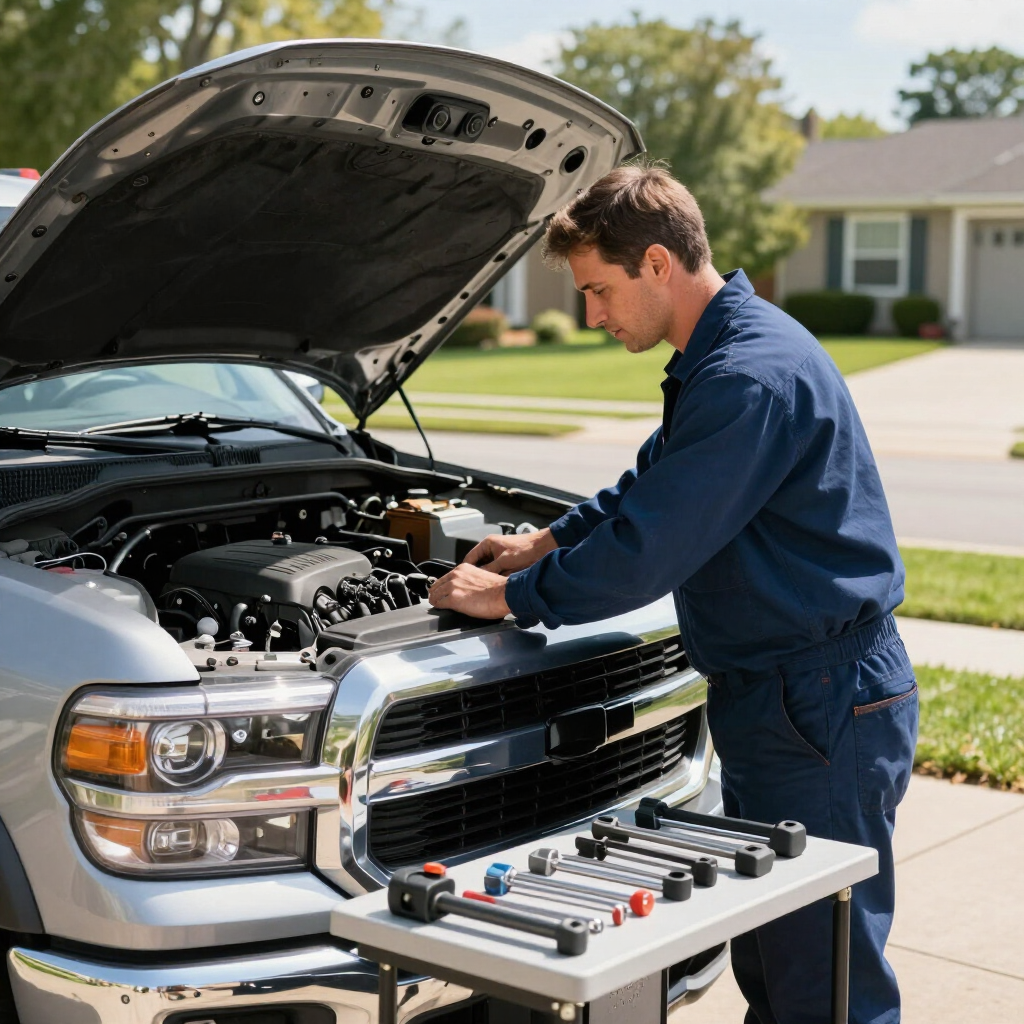 Mobile auto repair technician checking a truck engine at a customer's location.