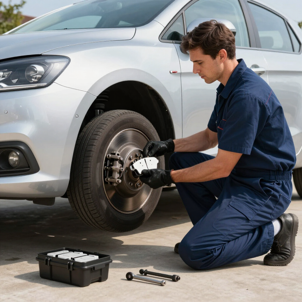 Mobile mechanic changing front brake pads on a compact car in a clean driveway setup.