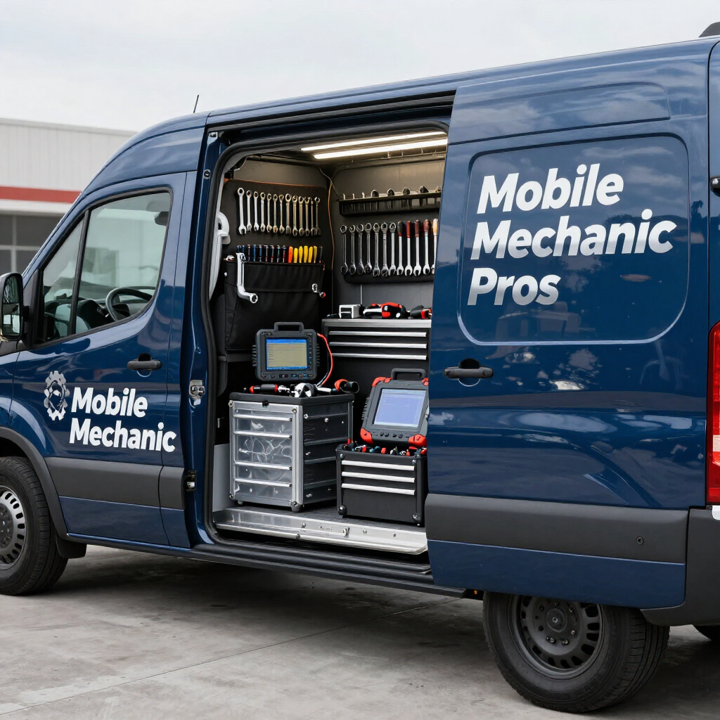 Well-equipped mobile mechanic service van with open doors showing tools and diagnostic gear.