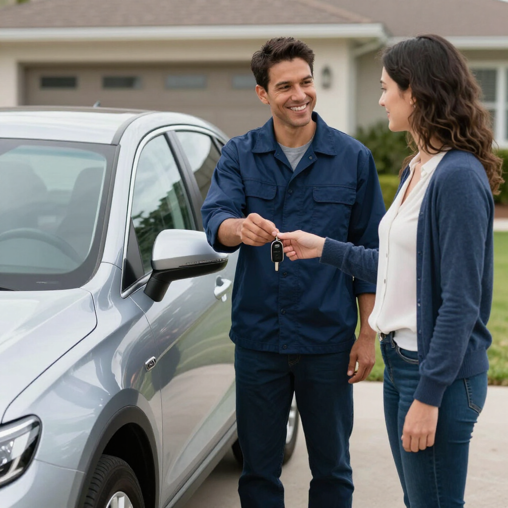 Customer receiving keys from a mobile mechanic after an on-site repair.
