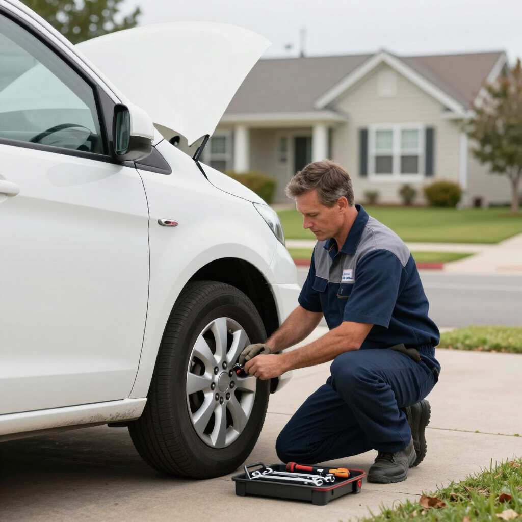 Mobile mechanic performing routine maintenance on a minivan in a residential driveway.