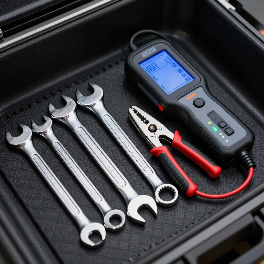 Clean wrenches, scan tool, and battery tester arranged for mobile auto repair.