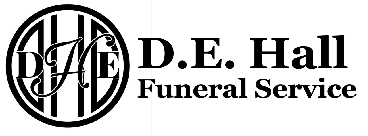 D.E. Hall Funeral Service logo in black and white with circular monogram and text