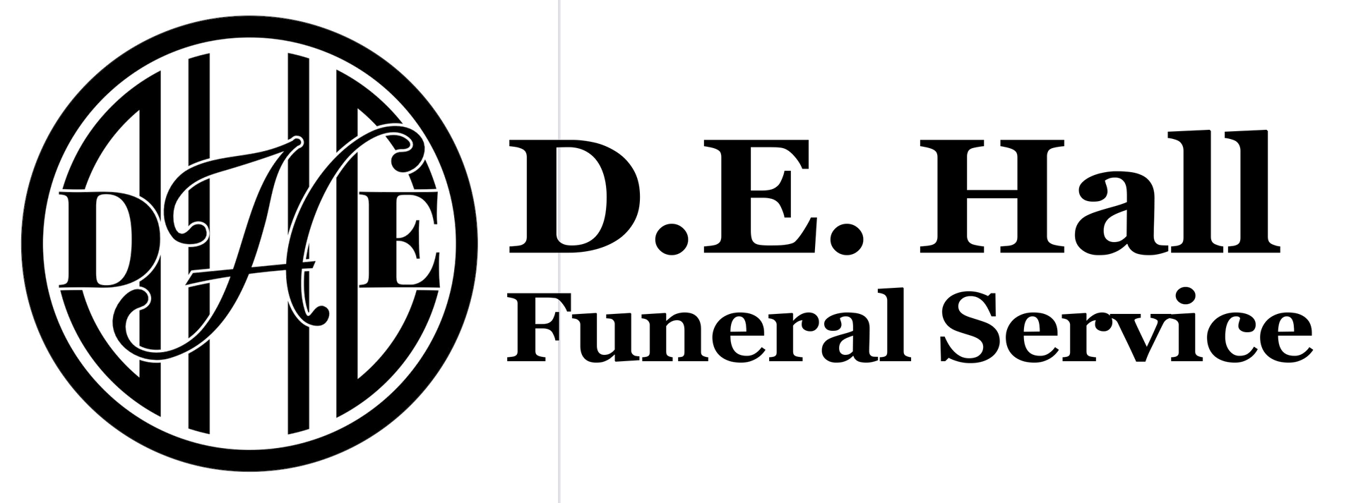 D.E. Hall Funeral Service logo in black and white with circular monogram and text