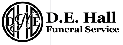 D.E. Hall Funeral Service logo in black and white with circular monogram and text