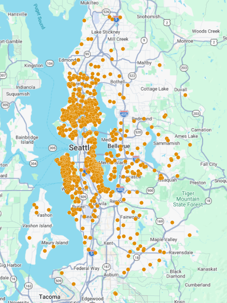 We've likely completed a job near you! Map of Seattle with dots showing where our company has completed exterior cleaning jobs