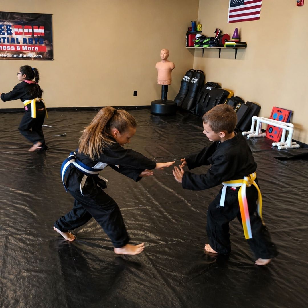 Two children grappling on a mat, one in a headlock.