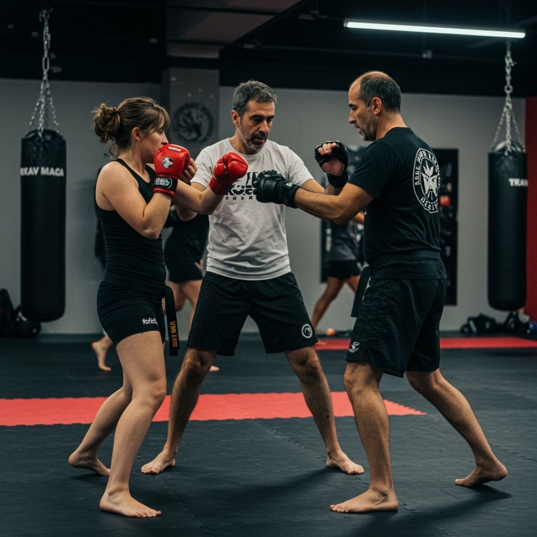 Two people practicing Brazilian Jiu-Jitsu on a mat; one in a black gi, one in a white gi, grappling.
