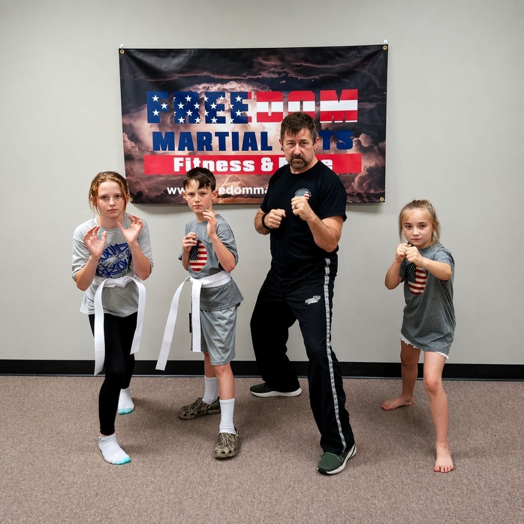 Two young children in blue and black martial arts uniforms grappling on a gym floor, one smiling.