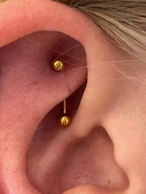Een close-up van een menselijk oor met een gouden, gebogen barbell-piercing in de rook-positie.