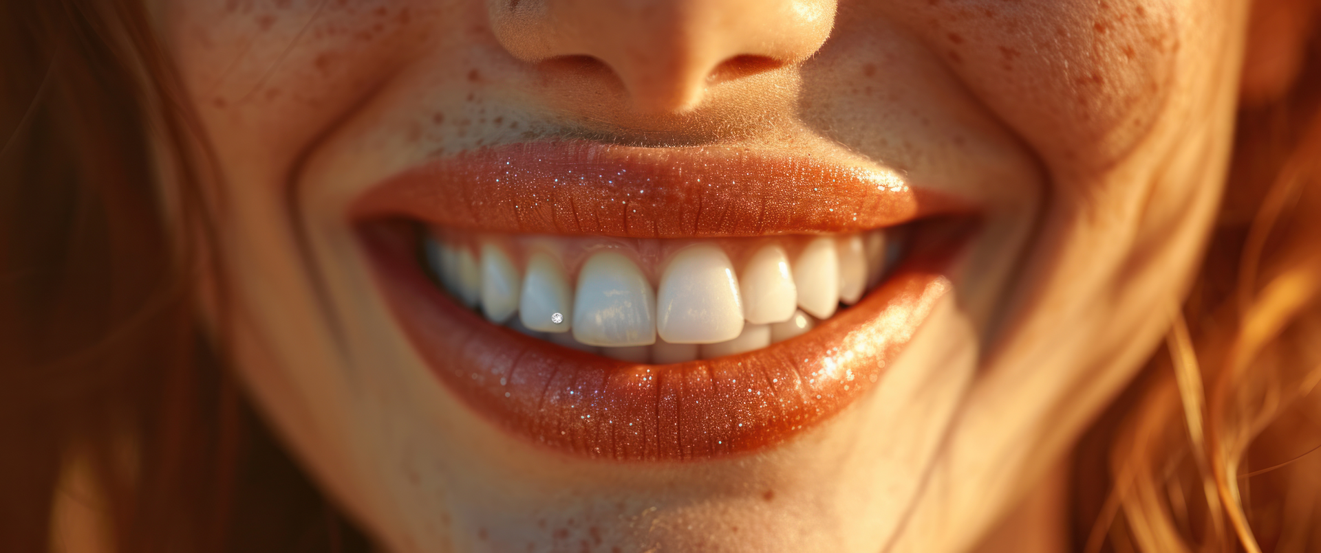Close-up van een persoon met sproetjes en glinsterende lipgloss, die glimlacht en daarbij haar witte tanden laat zien in warm, goudkleurig licht.