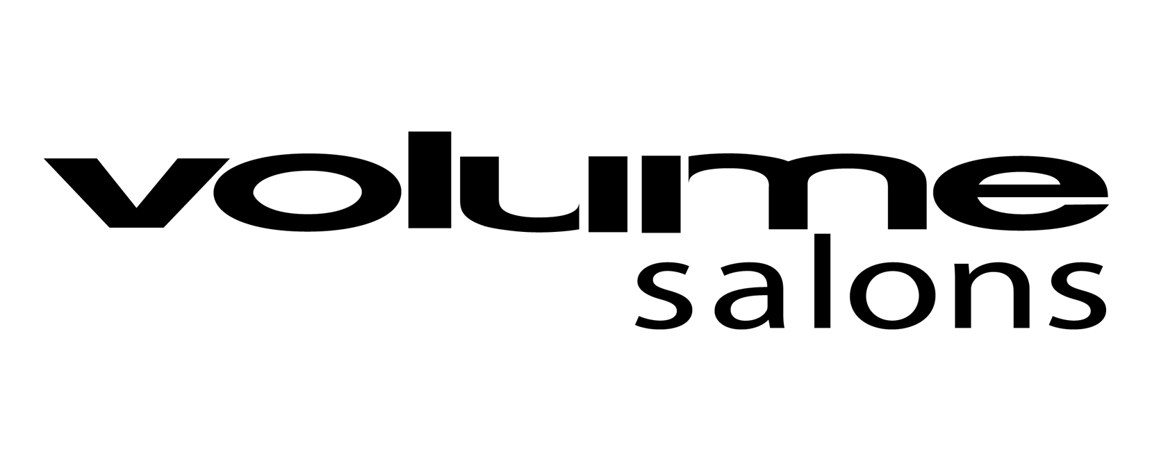 A black and white logo for volume salons on a white background.