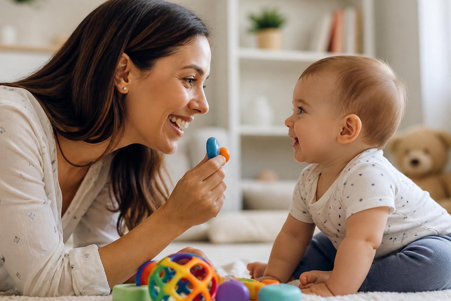 mãe interagindo com bebê com contato visual e sorriso durante a brincadeira