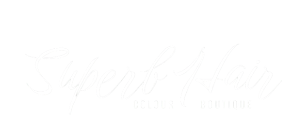 Superb Hair logo on black background. White cursive text: