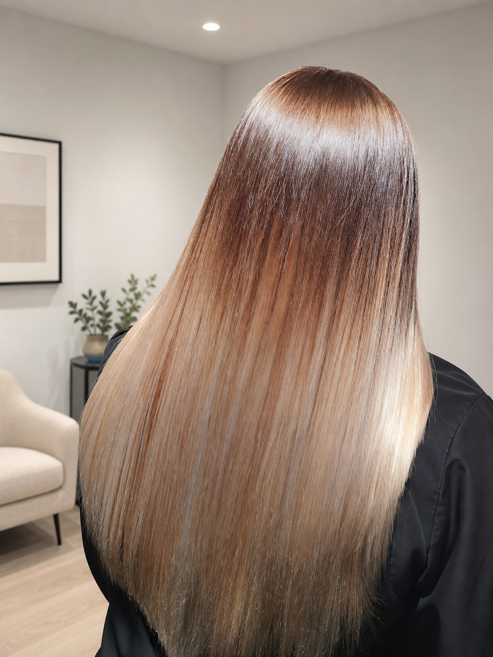 Long, straight ombré brown-to-blonde hair seen from behind in a softly lit room