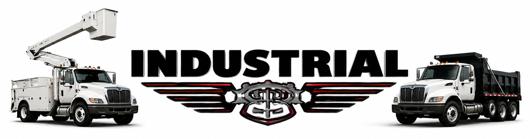 Industrial logo with two utility trucks facing a bold black “INDUSTRIAL” wordmark and winged emblem