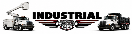 Industrial logo with two utility trucks facing a bold black “INDUSTRIAL” wordmark and winged emblem