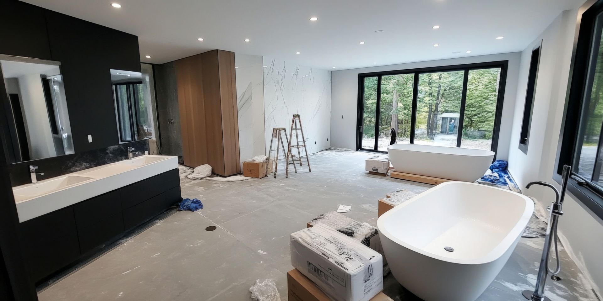 Large bathroom mid-remodel with freestanding tubs, double vanity, and unfinished flooring under construction