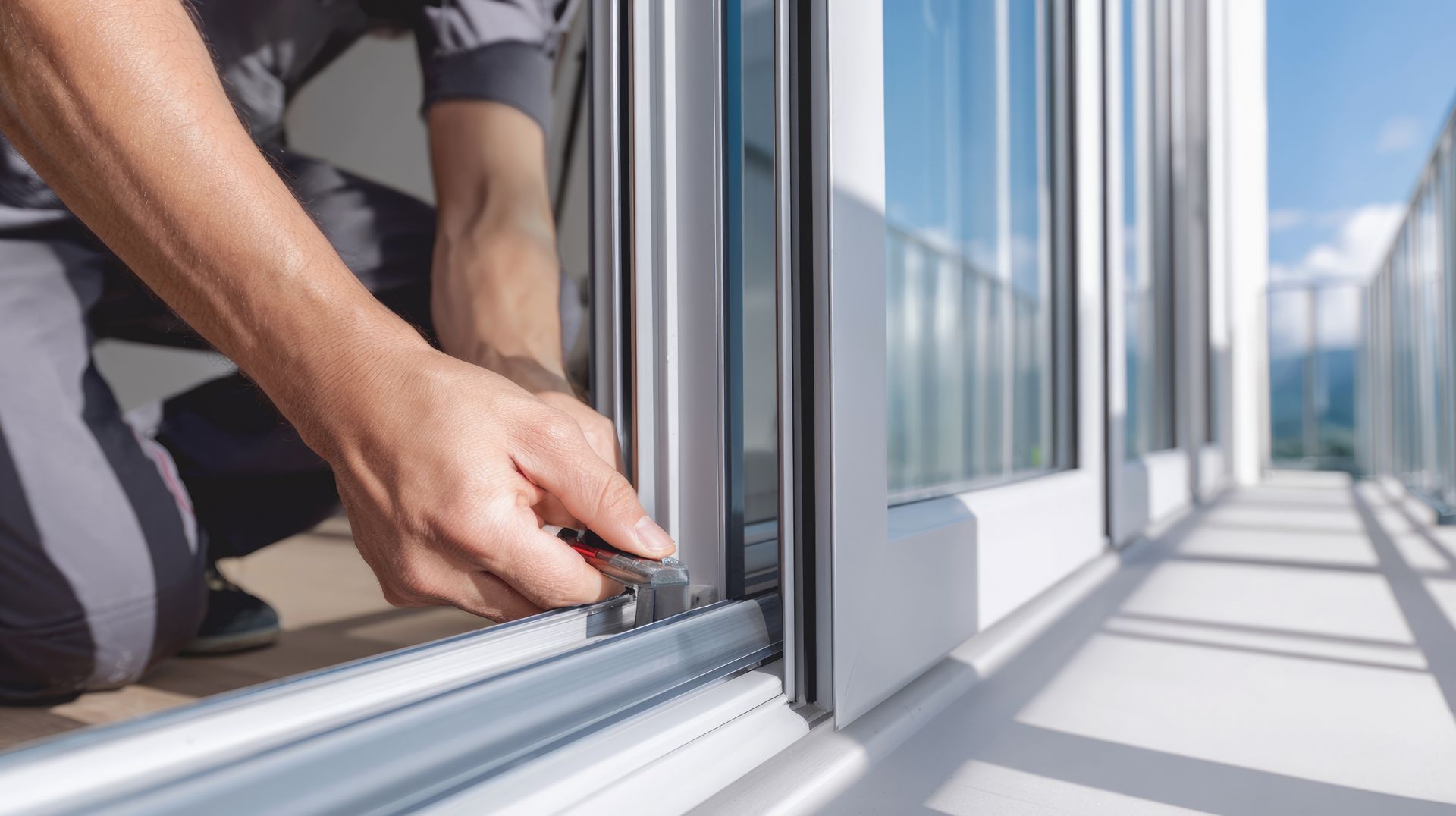 Close-up of expert window installers service adjusting hardware on a white uPVC patio door frame.