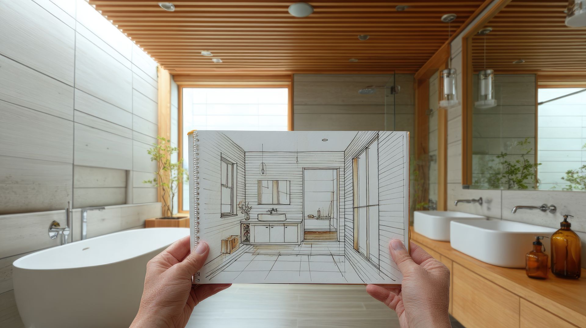 Bathroom remodeling company sketch overlaid on a finished modern bathroom with tub and double sinks