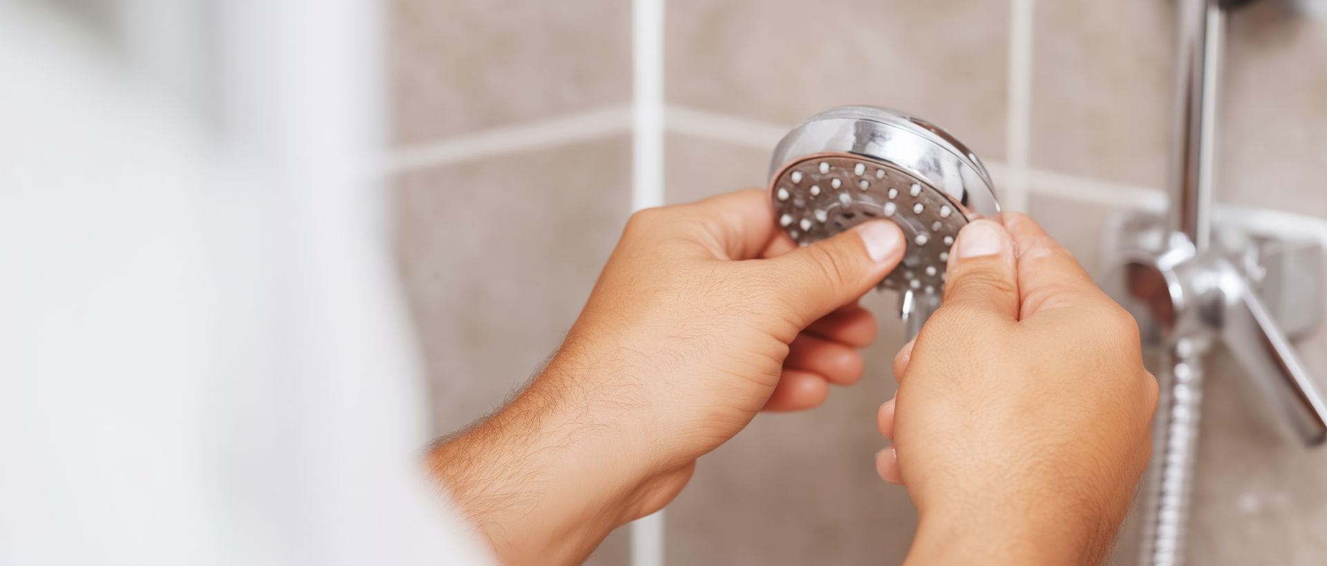 Close-up of hands installing a new shower head in a modern bathroom