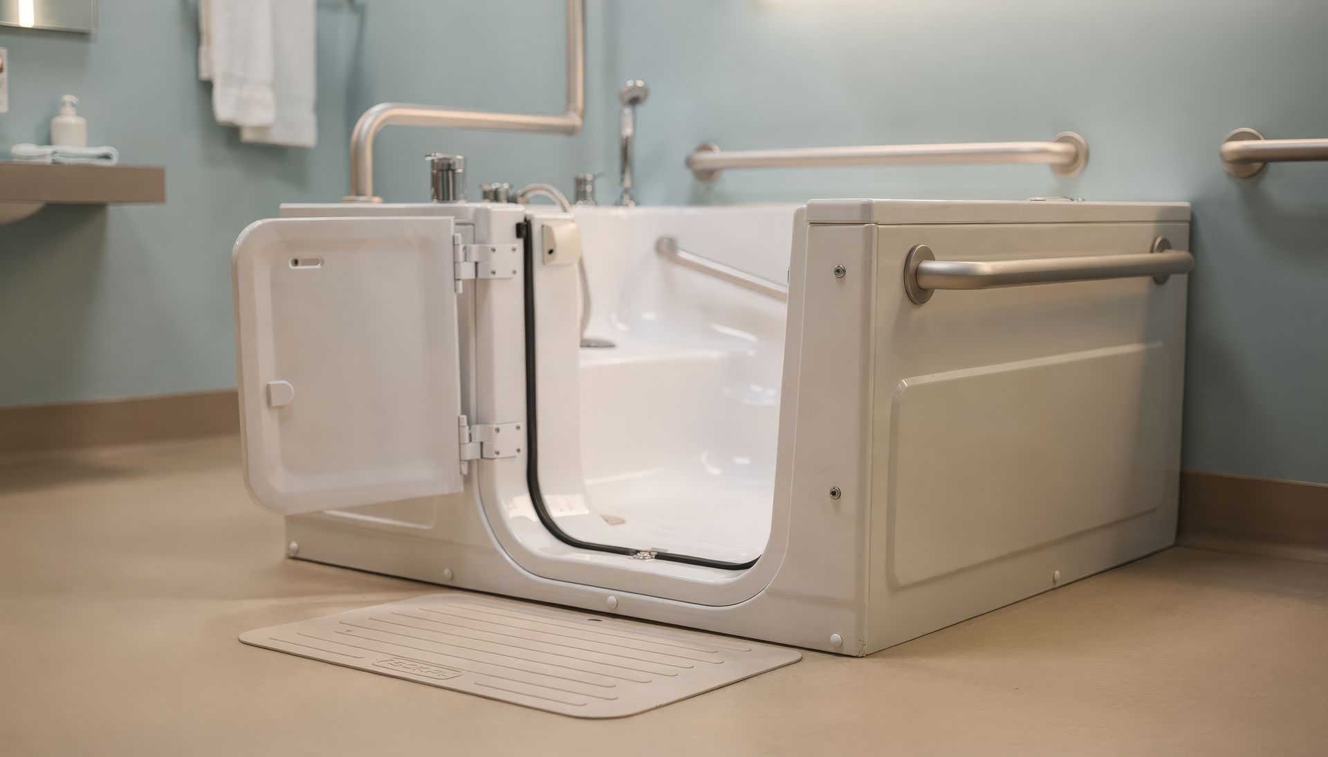 White walk-in tub with side-entry door open