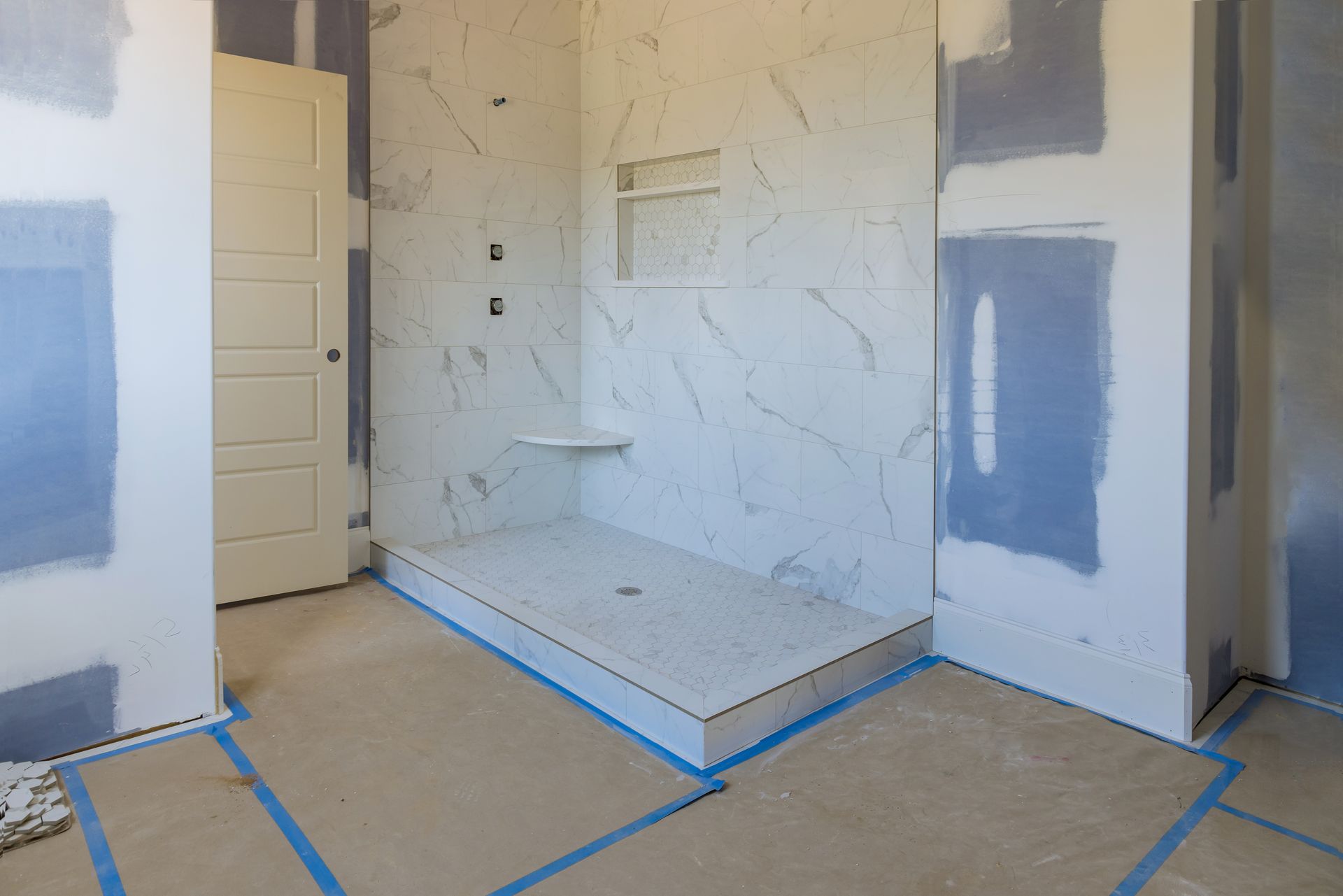 Walk-in shower installation in progress