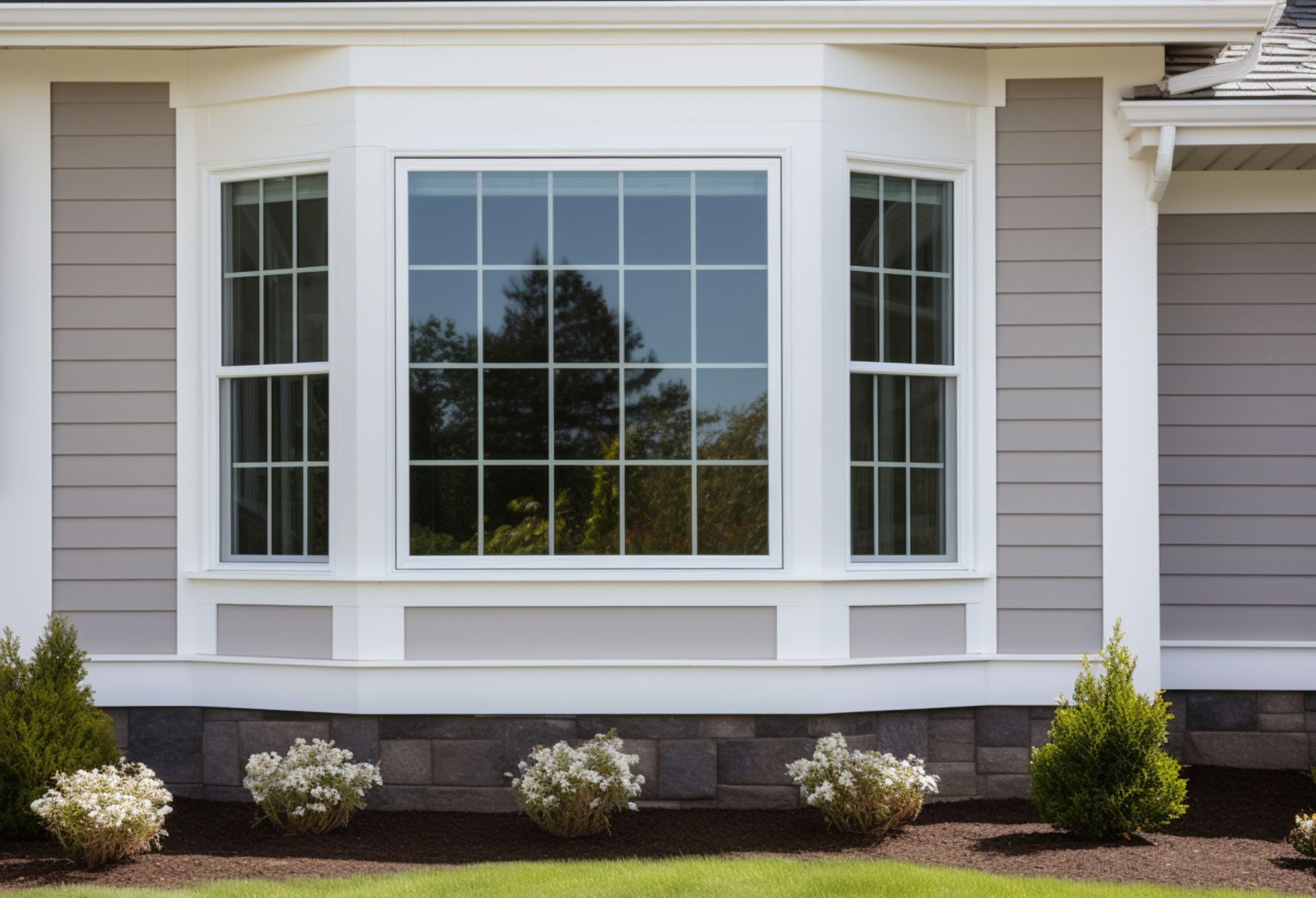 Exterior view of a professionally installed bay window with white vinyl frames and grid panes on a Wichita home with gray vinyl siding, surrounded by landscaped shrubs.
