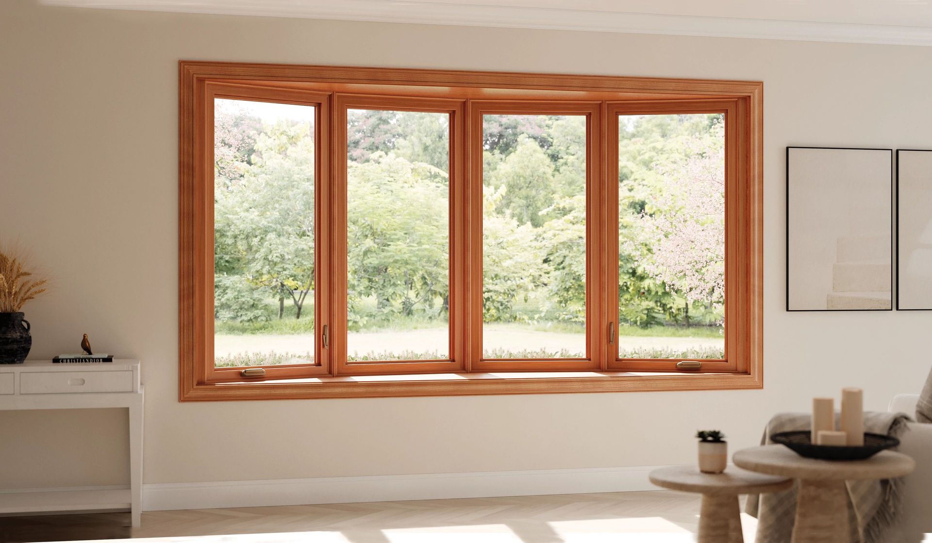 A four-panel bay window with a natural wood frame overlooking a green, tree-filled yard in a bright living room.