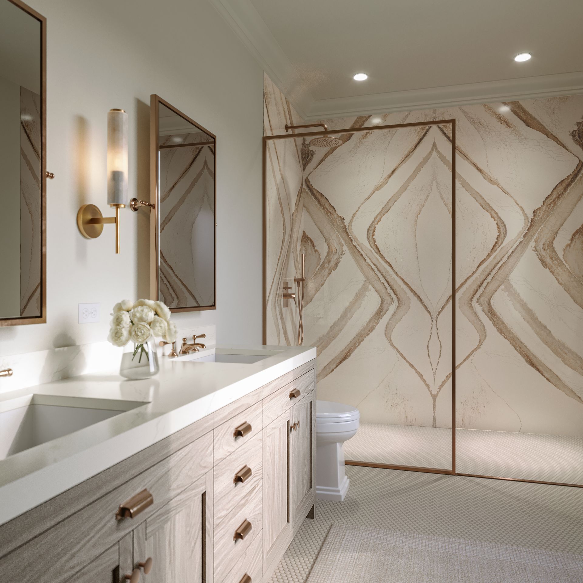 A luxury bathroom with light wood vanity, white stone countertops, copper accents, and a marble walk-in shower.
