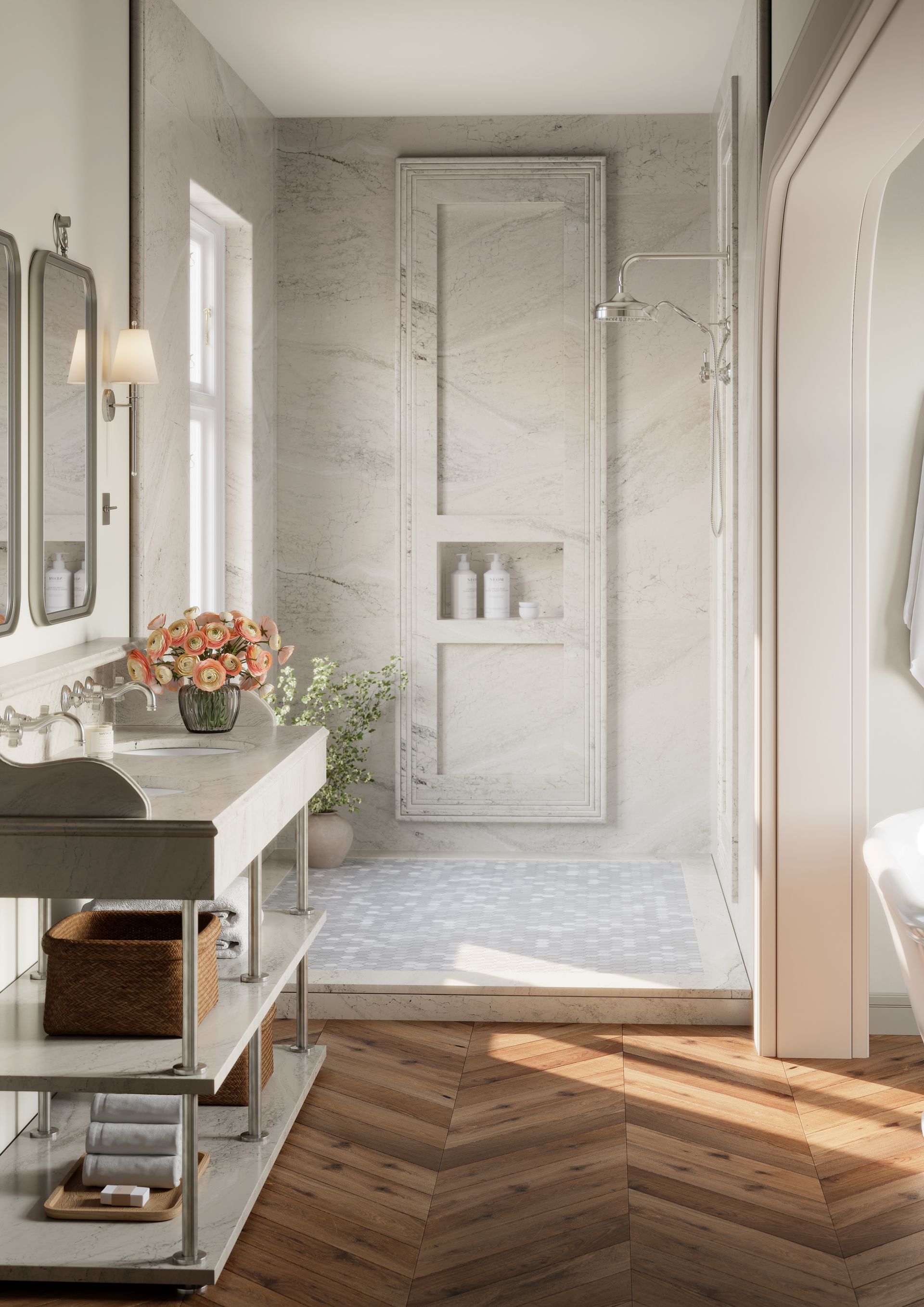 A bright bathroom with marble shower walls, a vanity with shelves, and a chevron-patterned wooden floor.