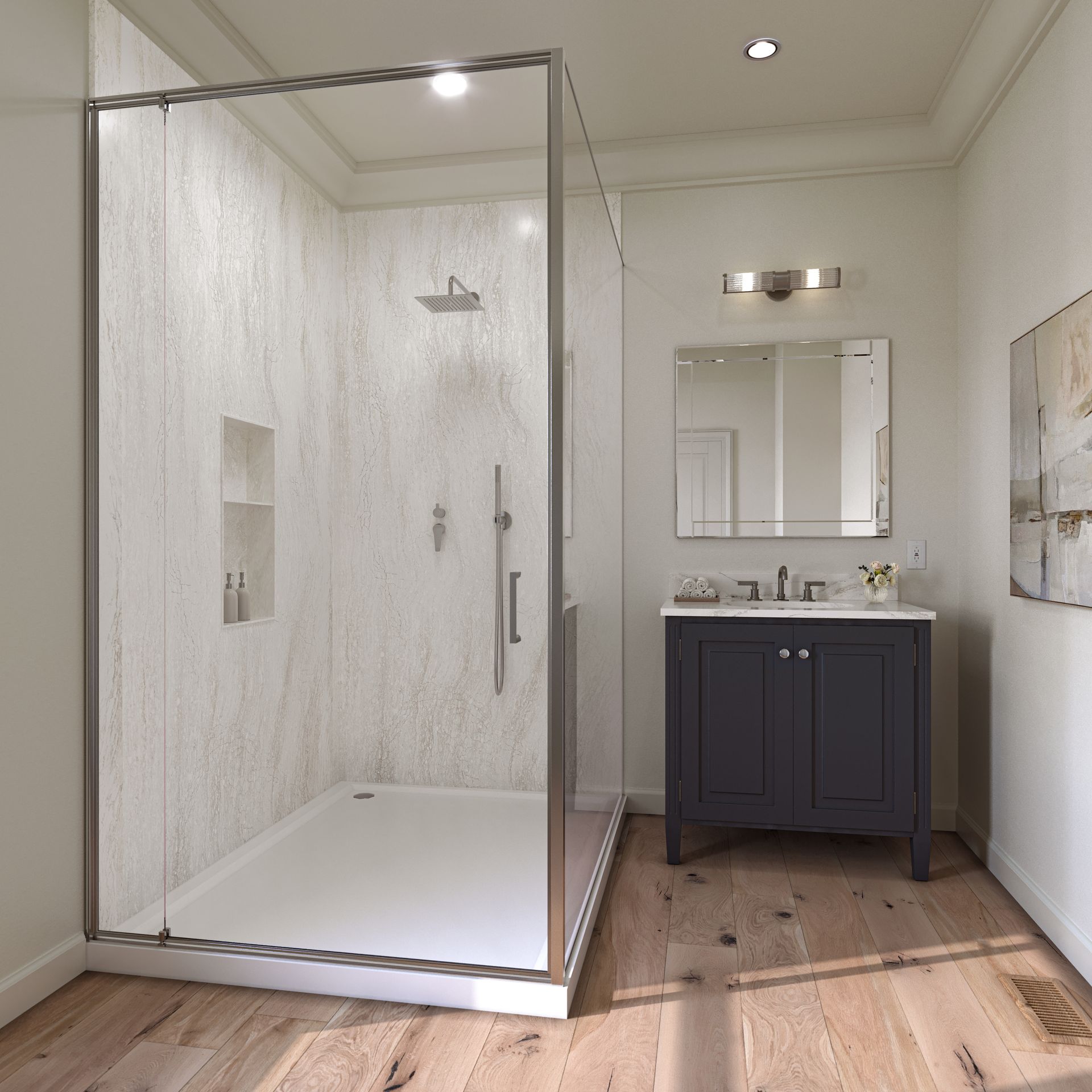 A modern bathroom featuring a glass-enclosed shower with white marble-patterned walls and a dark gray vanity with a mirror.