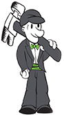 Cartoon man in suit carrying a hammer on his shoulder, wearing a cap and bowtie.