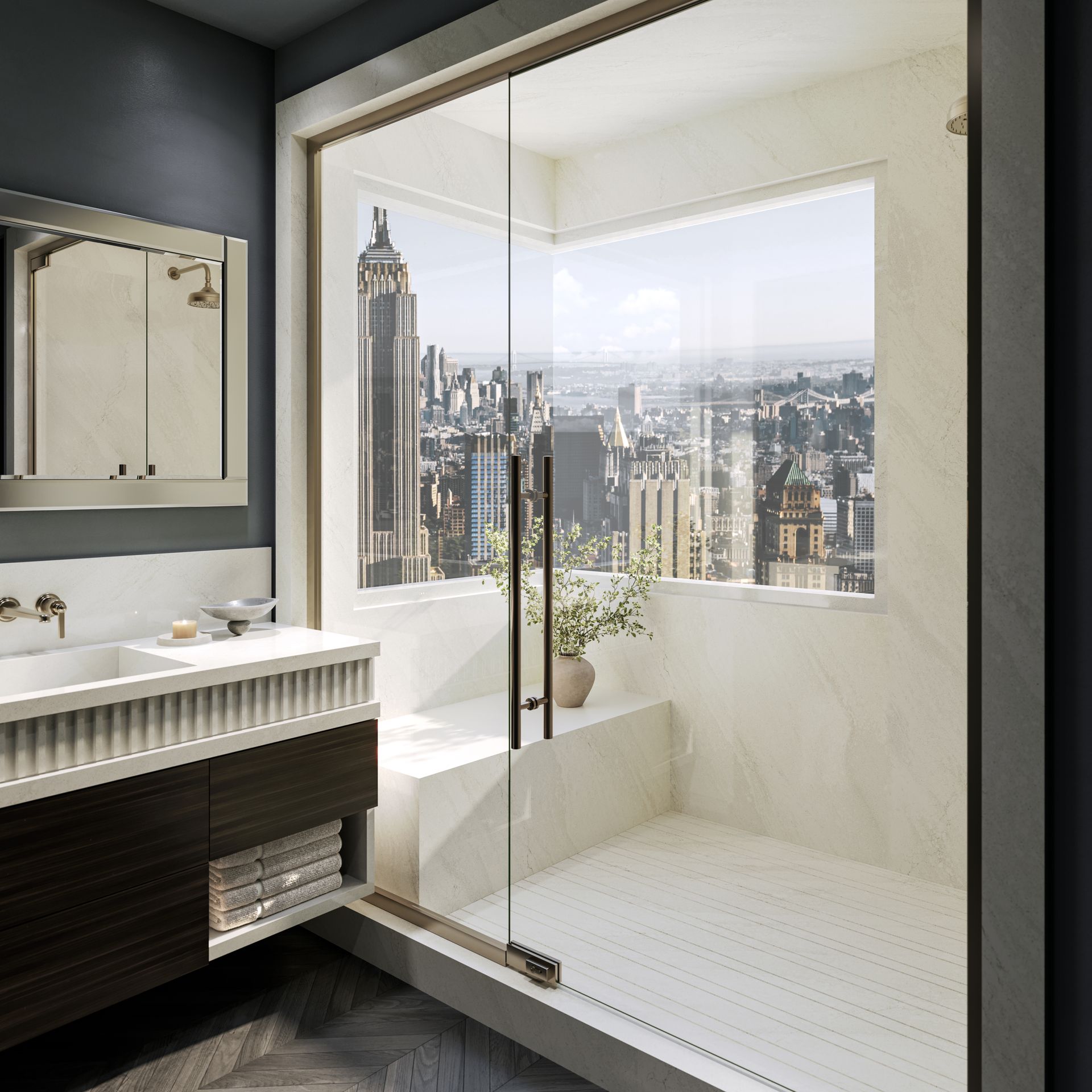 A modern, luxurious bathroom with a walk-in glass shower, a vanity, and a large window overlooking a city skyline.