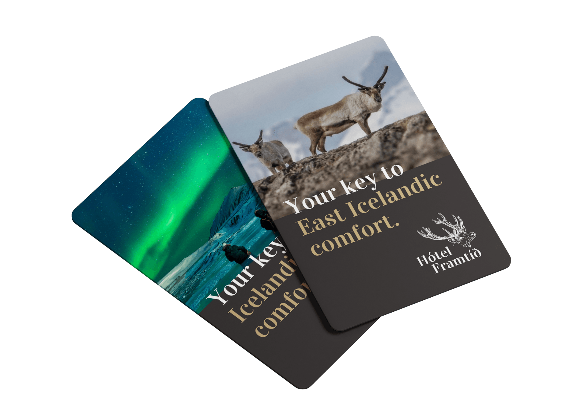 Two hotel keycards that say your key to fast icelandic comfort