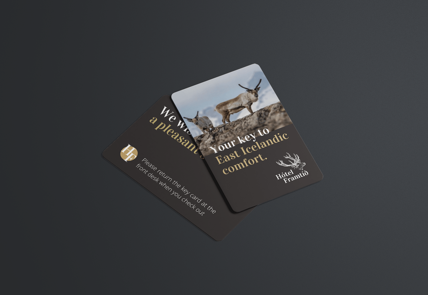 Two hotel keycards with a picture of a reindeer on them