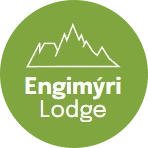 A logo for Engimyri Lodge with a mountain in the middle of a green circle.