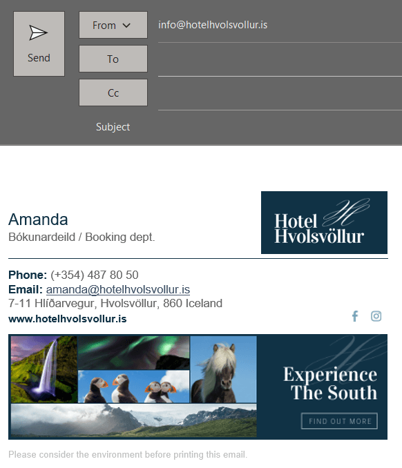An e-mail signature for amanda at hotel hvolsvollur