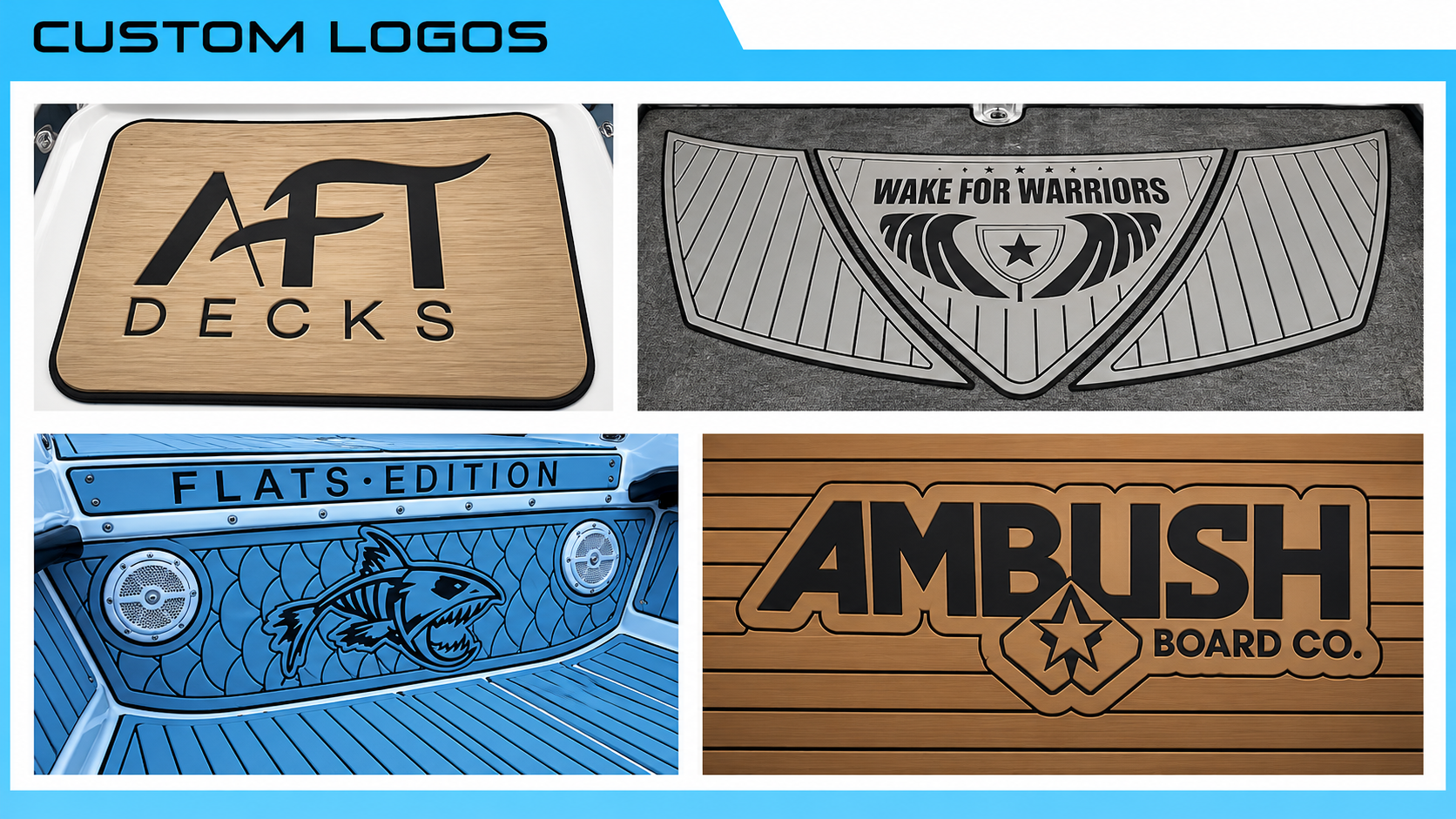Collage of four custom logo designs on textured labels in blue, tan, and gray.