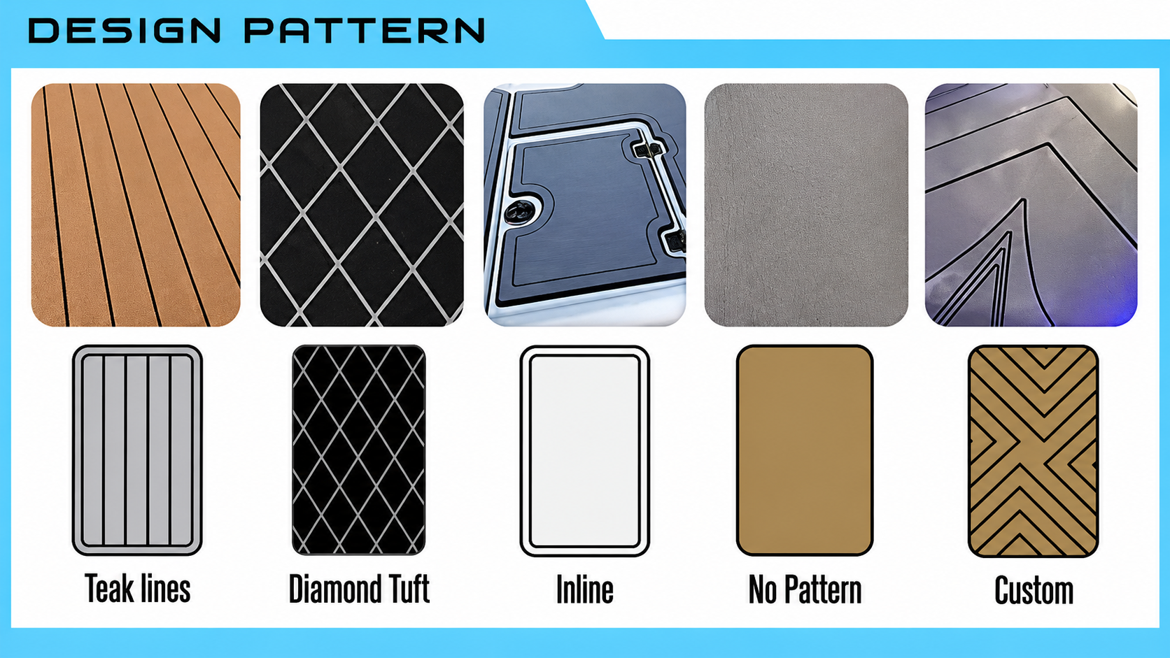 Design pattern options shown in five tiles: teak lines, diamond knit, line, no pattern, and custom.